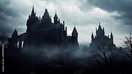 Foreboding Gothic Castle, Darkly Lit, Silhouette, Moody Ambience, generative AI
