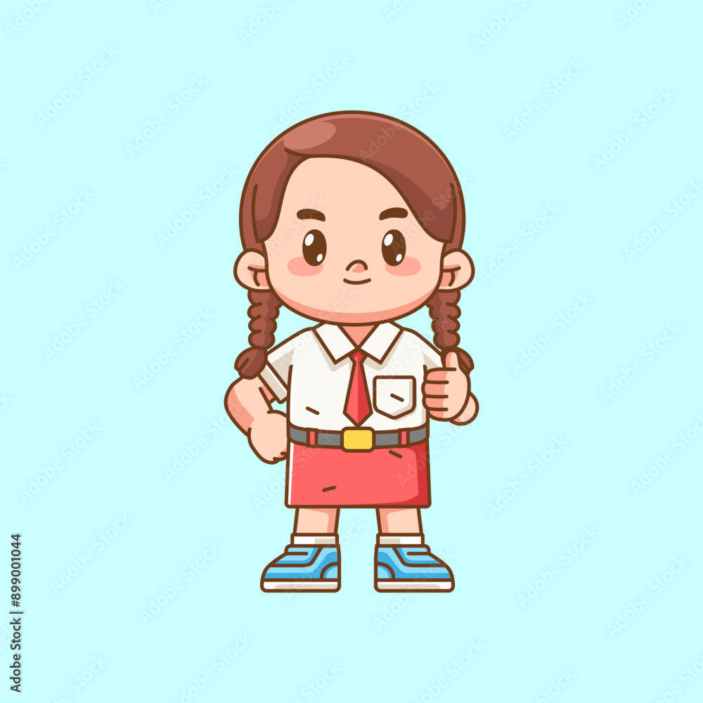 Cute girl Indonesian student elementary school thumbs up kawaii chibi character mascot illustration Cute girl Indonesian student elementary school thumbs up kawaii chibi character mascot illustration