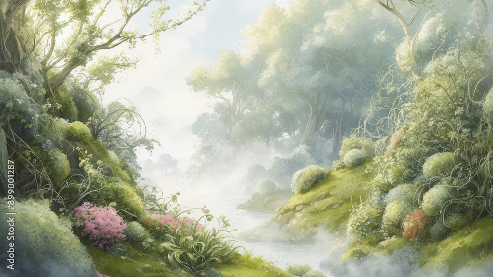 Anime illustration of a Misty forest clearing with river and lush vegetation in early morning light Anime illustration of a Misty forest clearing with river and lush vegetation in early morning light