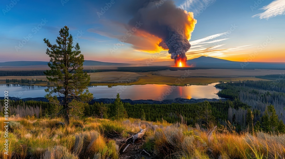 Fototapeta premium Dramatic Sunset with Wildfire Smoke Over Lake
