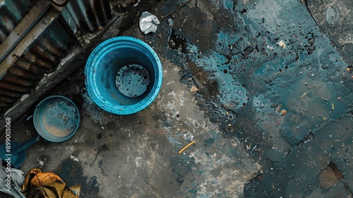 Wallpaper Mural Bird s eye view of a street with a blue bucket filled with murky water and a focus on a worn damp cloth Torontodigital.ca
