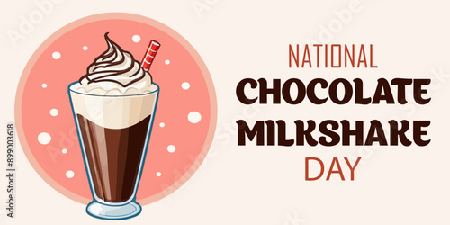 National Chocolate Milkshake Day vector design. Chocolate Mocha frappe in glass cup cartoon illustration. Chocolate milkshake with whipped cream and chocolate topping icon. September 12. Important day