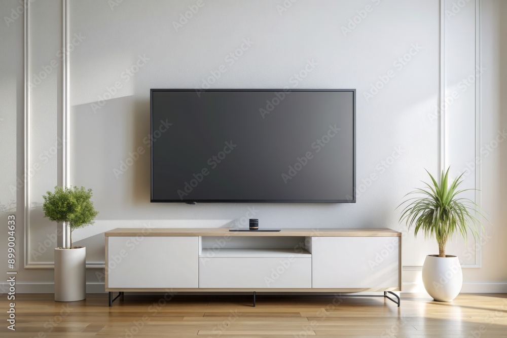 Modern sleek flat screen television with blank screen mounted on a crisp white wall, providing a clean and minimalist backdrop for digital content mockups. Modern sleek flat screen television with blank screen mounted on a crisp white wall, providing a clean and minimalist backdrop for digital content mockups.