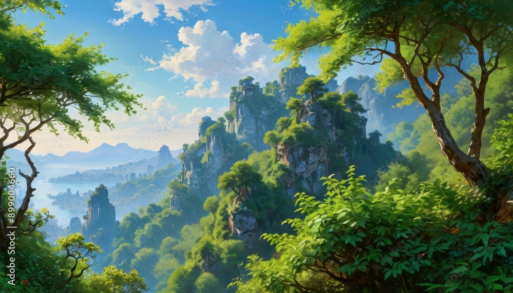 Majestic Mountain Landscape with Lush Greenery and Blue Sky. Majestic Mountain Landscape with Lush Greenery and Blue Sky.