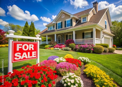 A bright red for sale sign stands out in front of a stunning classic suburban house with a lush green lawn and vibrant flowers in bloom.