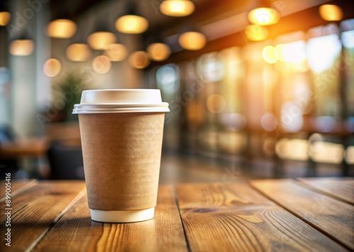 Warm and inviting coffee cup mockup on a blurred background, featuring a paper cup on a wooden surface, perfect for showcasing coffee on-the-go promotions. photo