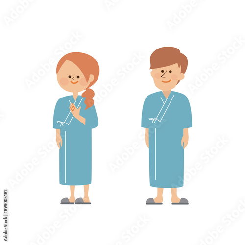 健康診断　検査着を着た男性と女性のかわいいイラスト