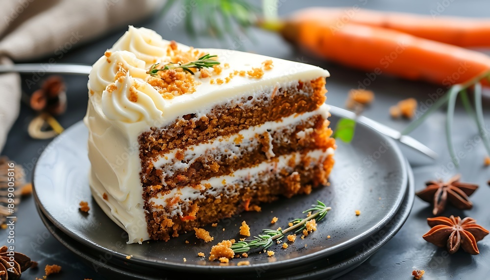 Piece of cake with cream and nuts on a white plate Piece of cake with cream and nuts on a white plate