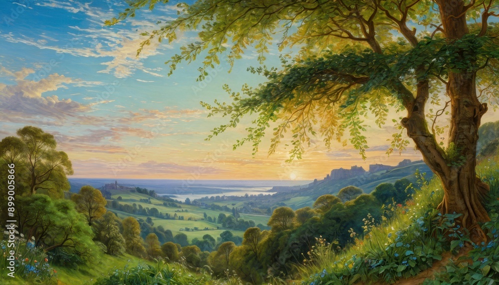 Serene Sunset Landscape with Rolling Hills and Lush Greenery. Serene Sunset Landscape with Rolling Hills and Lush Greenery.
