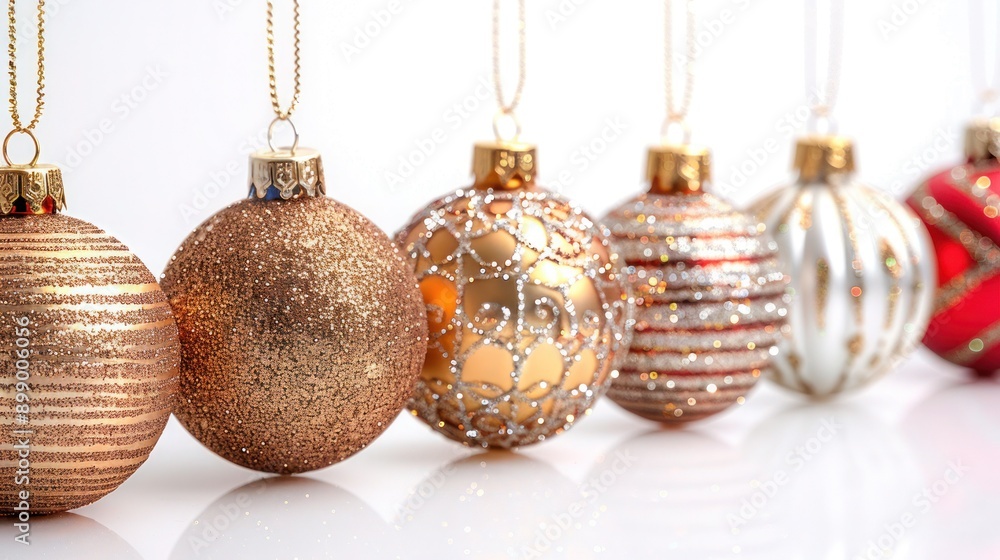 Golden Christmas Ornaments Hanging on Isolated Background Golden Christmas Ornaments Hanging on Isolated Background