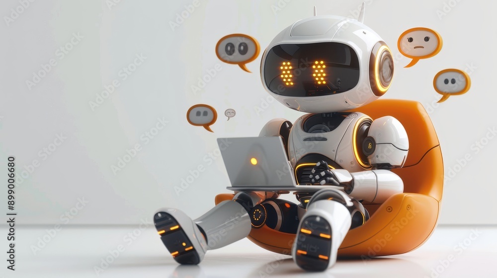 3d illustration of cute robot sitting on chair with laptop and talking to customer, empty speech bubbles around him 3d illustration of cute robot sitting on chair with laptop and talking to customer, empty speech bubbles around him