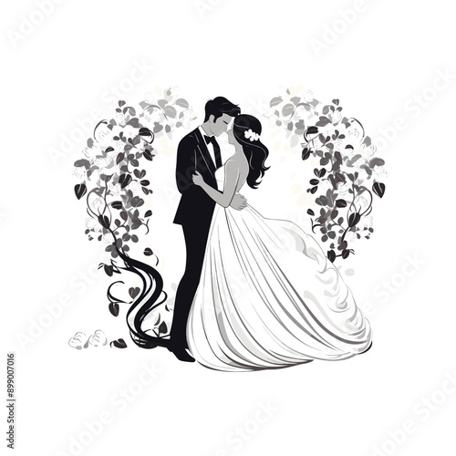 illustrations (line art) that can be used as coloring pages for a wedding: bride and groom