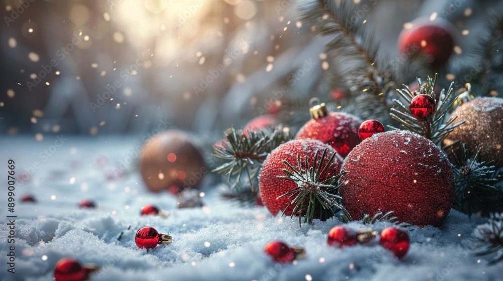 Festive Christmas Tree Adorned with Red Balls and Knitted Toys in Snowy Forest - Outdoor Banner with Ample Copy Space Festive Christmas Tree Adorned with Red Balls and Knitted Toys in Snowy Forest - Outdoor Banner with Ample Copy Space
