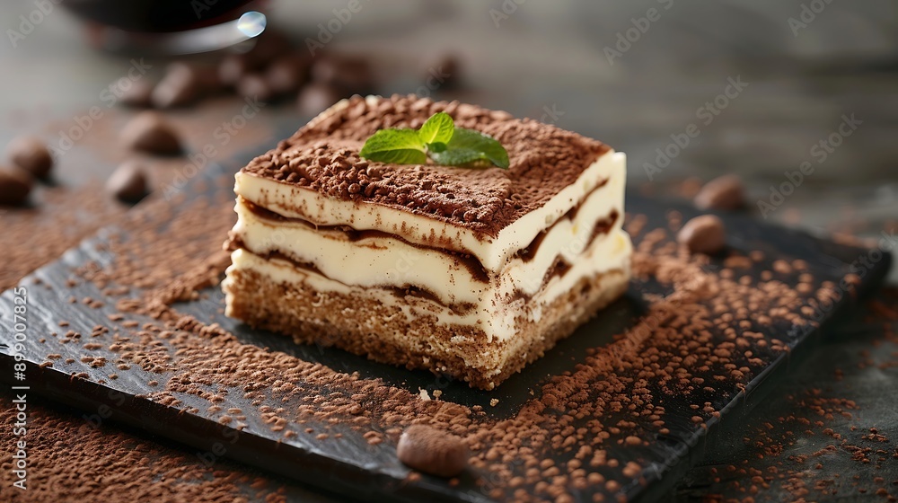 Tiramisu cake on a white plate on a wooden table Tiramisu cake on a white plate on a wooden table