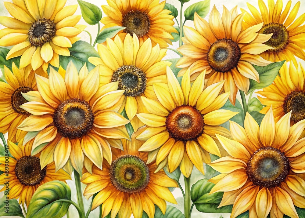 Vibrant sunflowers with bright yellow petals and dark centers bloom against a crisp white background in a delicate watercolor style floral arrangement. Vibrant sunflowers with bright yellow petals and dark centers bloom against a crisp white background in a delicate watercolor style floral arrangement.
