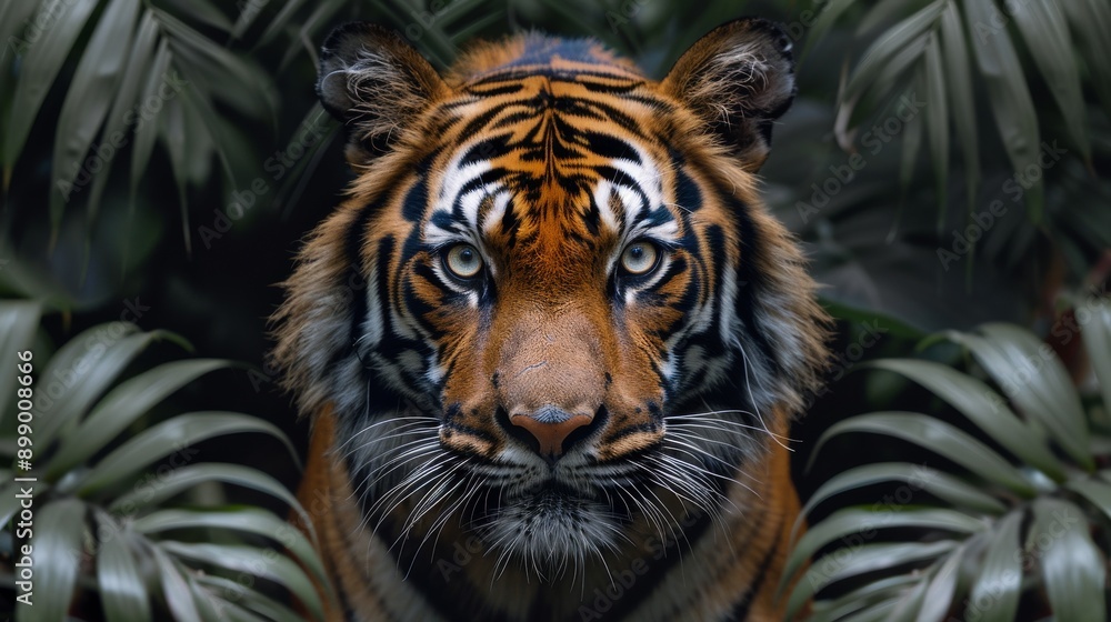 Majestic tiger staring intensely through the tropical foliage of a dense jungle Majestic tiger staring intensely through the tropical foliage of a dense jungle