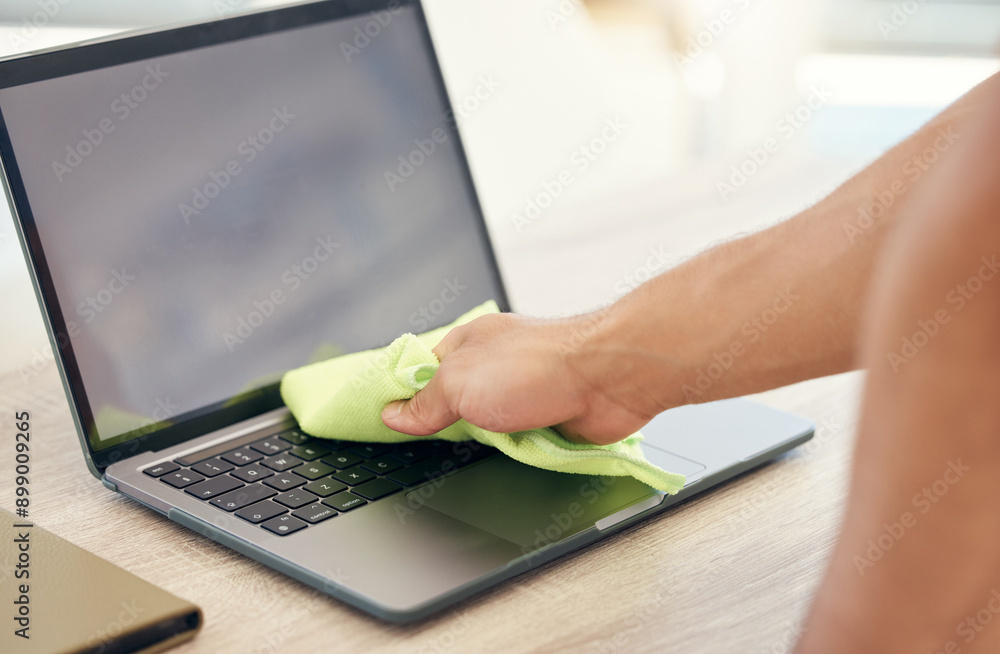 Fototapeta premium Hands, cloth and person with laptop, cleaning and remove dust with hygiene, virus risk and company policy. Employee, consultant or computer with keyboard, covid compliance or health maintenance