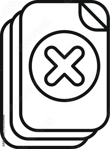 Line drawing of multiple files with a corner curled up, with a large x mark symbolizing deletion