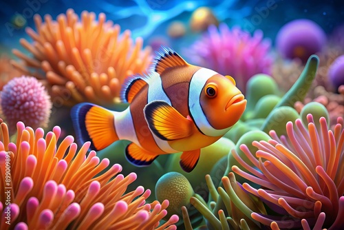 Adorable cartoon clownfish with vibrant orange and white stripes swims amidst coral reef, surrounded by seaweed and colorful sea anemones in a sunny ocean scene.