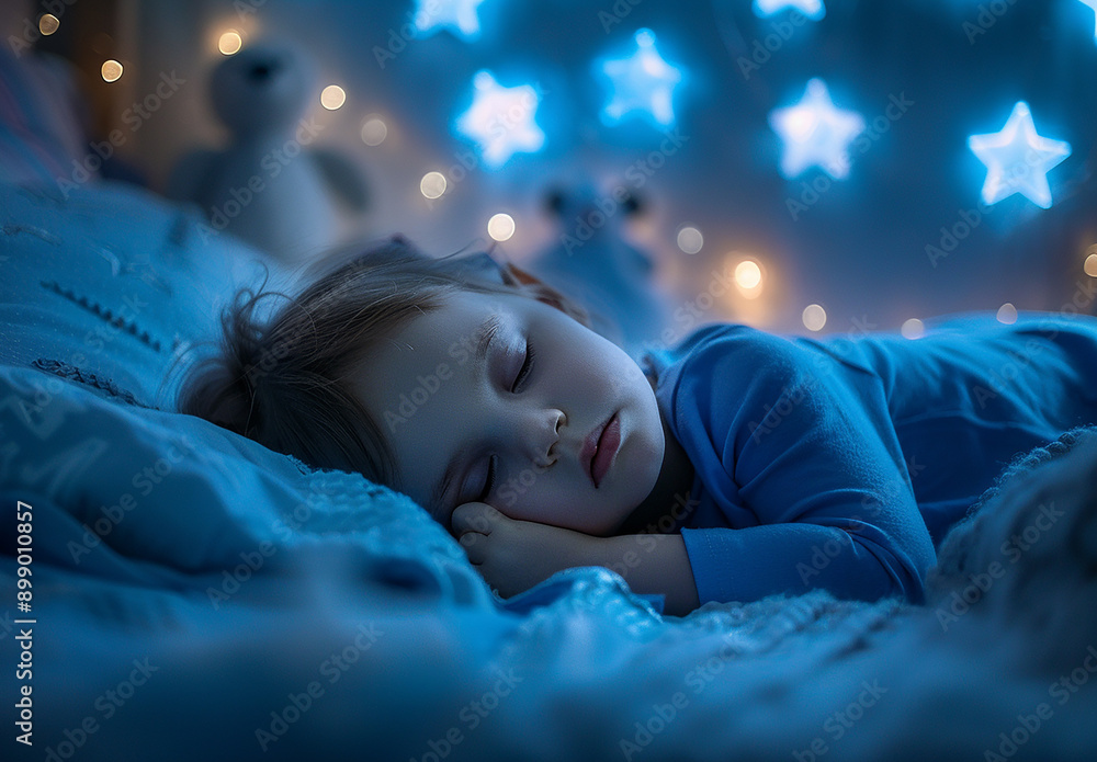Photo portrait of Peaceful Child Sleeping Under a Starry Night Light Photo portrait of Peaceful Child Sleeping Under a Starry Night Light