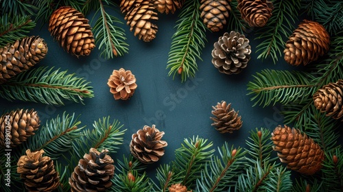 Festive Fir: Christmas Tree Branches and Pine Cones Background