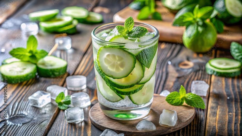 Freshly prepared infused water with thinly sliced cucumber and fragrant mint leaves, served over ice in a clear glass, exuding refreshing summer vibes. Freshly prepared infused water with thinly sliced cucumber and fragrant mint leaves, served over ice in a clear glass, exuding refreshing summer vibes.