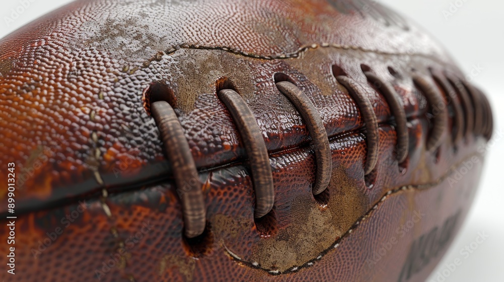 Obraz premium Close up of old leather football laces, showcasing texture and stitching. Brown pigskin exudes vintage charm, evoking sports memories. Weathered look symbolizes victory and achievement