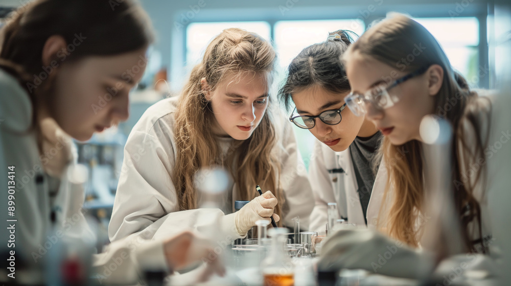 Four Female Students Conduct an Experiment in a Science Laboratory Four Female Students Conduct an Experiment in a Science Laboratory