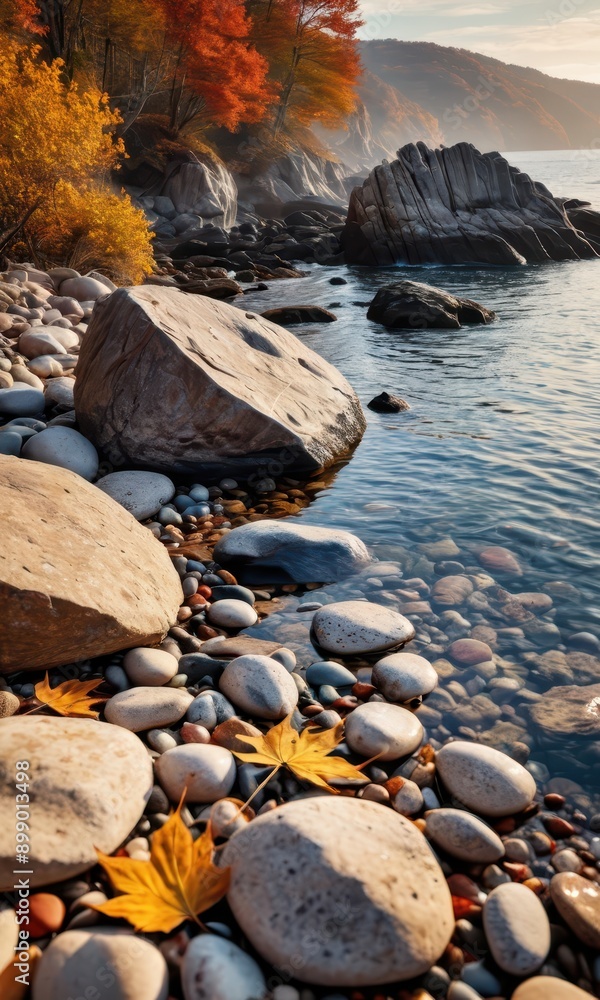 Autumn Leaves and Stones on a Beach. Autumn Leaves and Stones on a Beach.