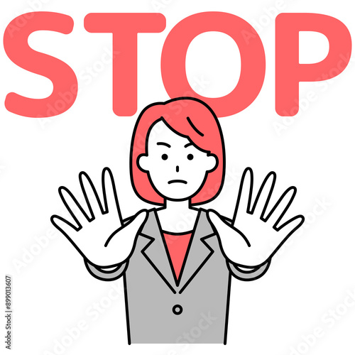 両手を前に出してSTOPと言うスーツの女性