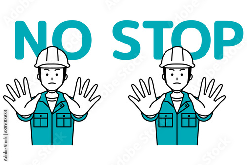 NO/STOP　両手を前に出して制する作業員の男性　セット