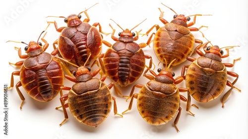 Macro shot of five bed bugs crawling on a white background, showcasing their distinct oval-shaped bodies and reddish-brown color, highlighting the pest problem.