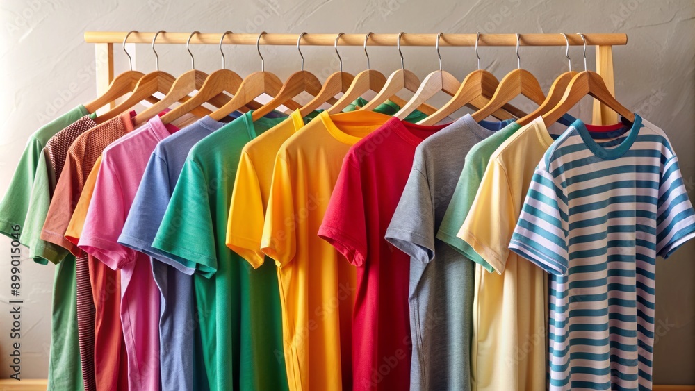 Vibrant t-shirts in various colors and patterns suspended from wooden hangers against a neutral background, creating a playful and inviting atmosphere in the room. Vibrant t-shirts in various colors and patterns suspended from wooden hangers against a neutral background, creating a playful and inviting atmosphere in the room.