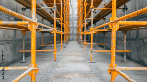 Neatly Organized Scaffolding Gear in an Industrial Warehouse Corridor with a Profound Depth of Field Showcasing the Efficient Storage and Arrangement of Construction Equipment at a Jobsite