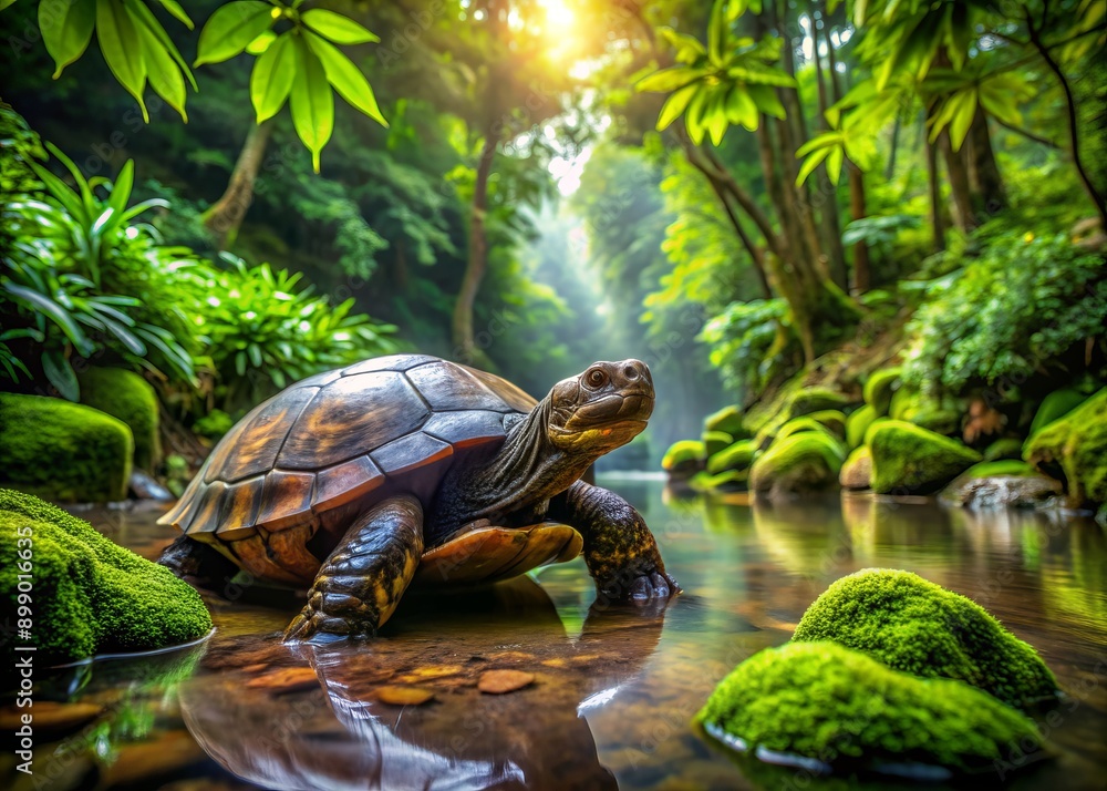 Naklejka premium Majestic Arakan forest turtle inhabits murky waters surrounded by lush greenery, moss-covered rocks, and fallen leaves in a serene, ultra-realistic natural environment.