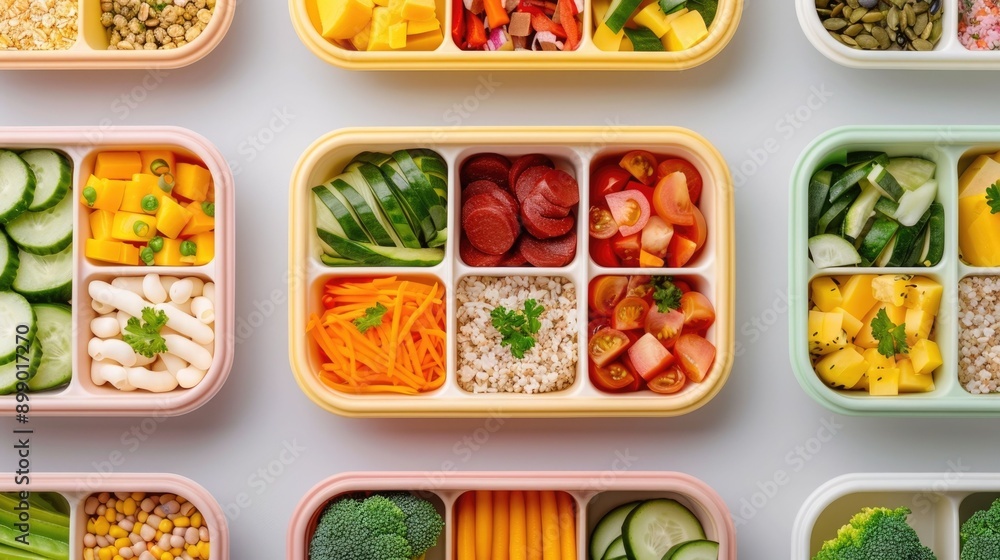 Flat lay of a variety of colorful compartmentalized lunch boxes filled with an assortment of healthy plant based snacks and ingredients for balanced nutrient dense meals Flat lay of a variety of colorful compartmentalized lunch boxes filled with an assortment of healthy plant based snacks and ingredients for balanced nutrient dense meals