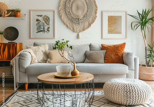 Cozy Bohemian Living Room with Earthy Tones and Natural Decor photo