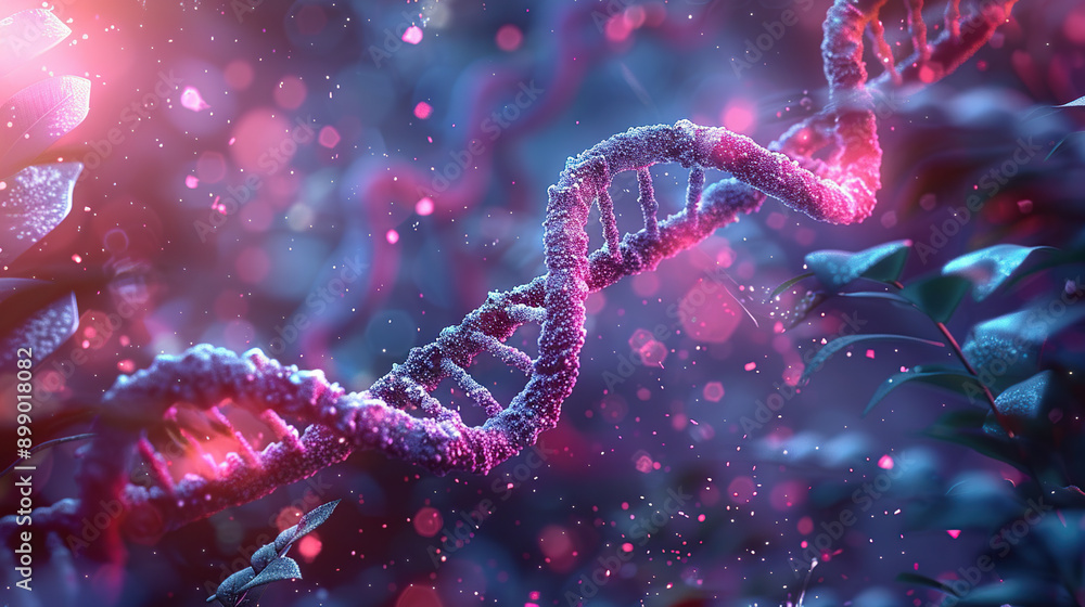 3D render of a double helix DNA structure, glowing in pink and red colors 3D render of a double helix DNA structure, glowing in pink and red colors