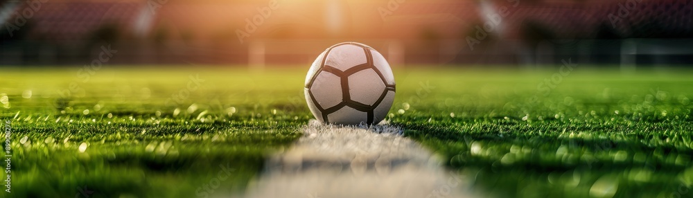 Fototapeta premium a soccer ball on a field, showcasing lush grass and a vibrant sunset, perfect for sports enthusiasts.