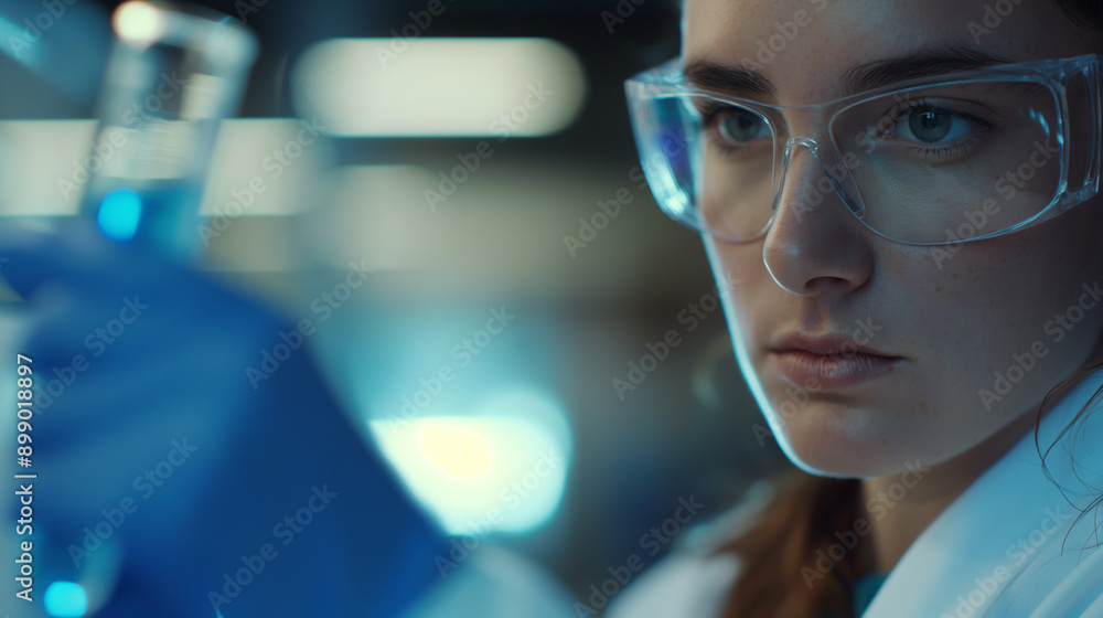 Female Scientist Examining Blue Liquid in Laboratory Setting Female Scientist Examining Blue Liquid in Laboratory Setting