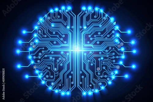 Futuristic AI brain circuit board icon with glowing blue neural networks and microchip components on a dark background, representing artificial intelligence technology. photo