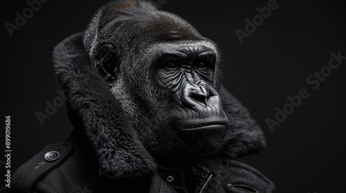 Thoughtful primate wearing winter clothes looking away from the camera on a dark background