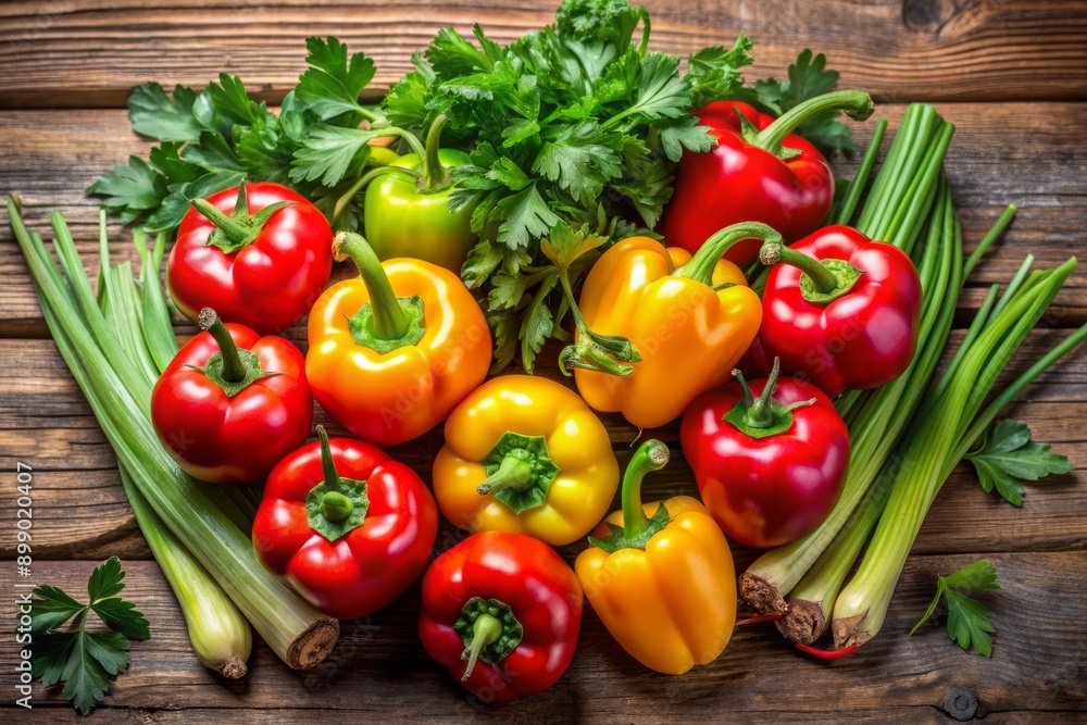 Vibrant fresh vegetables including red and yellow bell peppers, juicy tomatoes, crunchy celery, fresh parsley, spinach, and mangold, arranged artfully on a rustic wooden background. Vibrant fresh vegetables including red and yellow bell peppers, juicy tomatoes, crunchy celery, fresh parsley, spinach, and mangold, arranged artfully on a rustic wooden background.