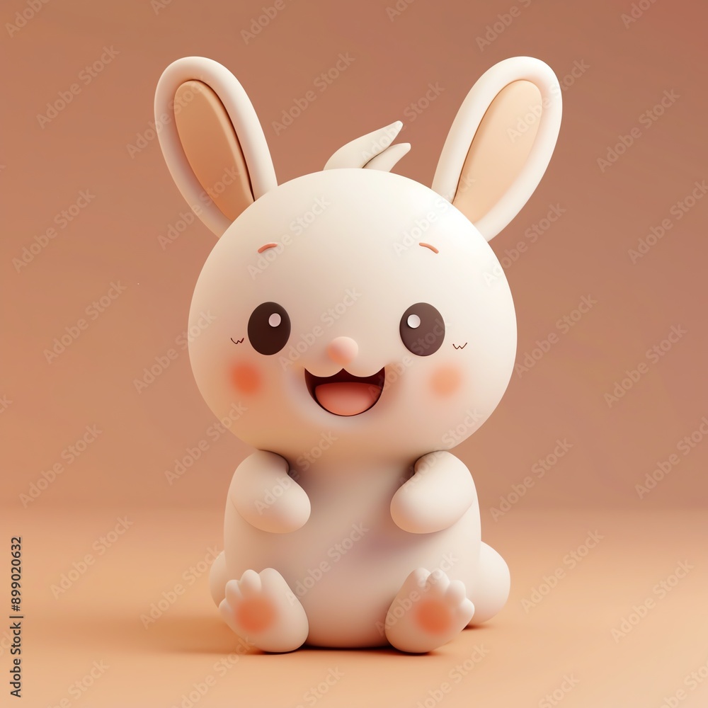 Fototapeta premium Cute and happy cartoon bunny with big eyes and fluffy ears, sitting on a soft orange background.