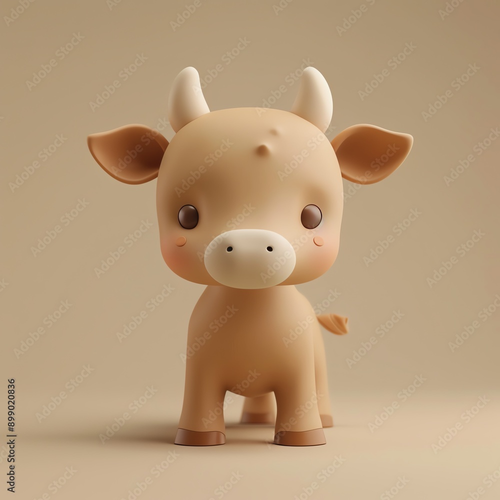 Fototapeta premium Cute cartoon brown cow with big eyes and blush standing on a plain background.