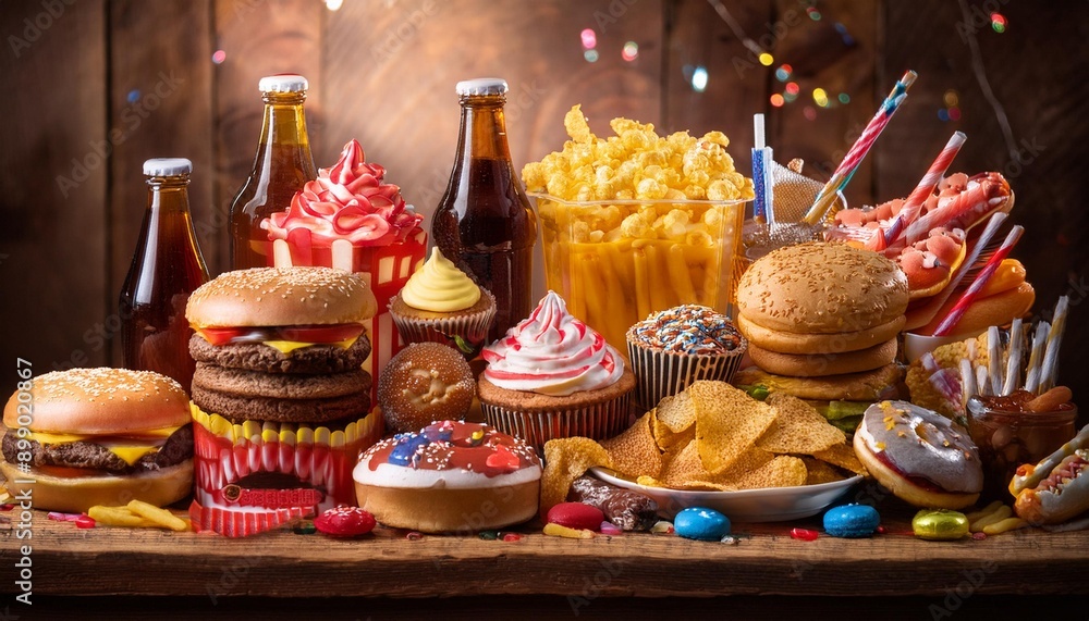 Fototapeta premium A festive spread of junk foods including cupcakes, candy, and soda bottles, arranged on a ru