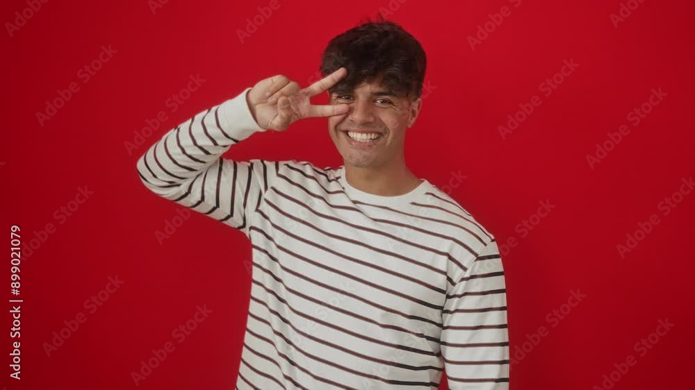 Young hispanic man wearing stripes t shirt standing showing peace symbol over face, cheerful and smiling fingers, victory gesture on isolated red background Young hispanic man wearing stripes t shirt standing showing peace symbol over face, cheerful and smiling fingers, victory gesture on isolated red background