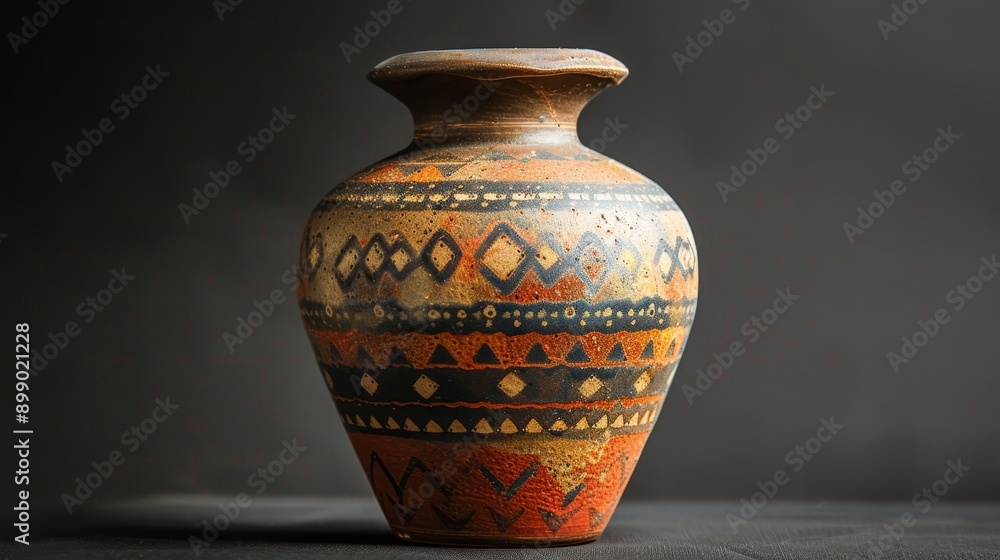 A rustic, hand-painted ceramic vase, isolated on a plain black background A rustic, hand-painted ceramic vase, isolated on a plain black background