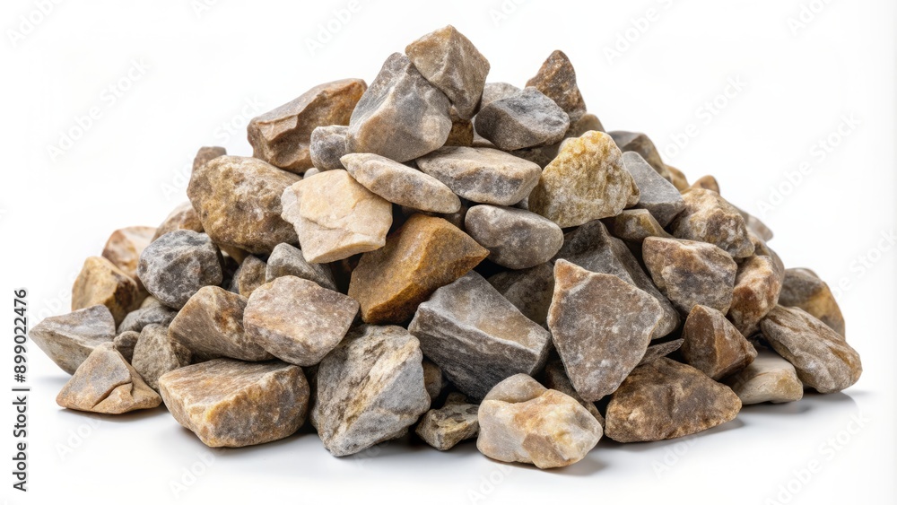 A carefully arranged heap of rough, grayish-brown rock stones with varying shapes and sizes, isolated on a pure white background with a transparent cutout. A carefully arranged heap of rough, grayish-brown rock stones with varying shapes and sizes, isolated on a pure white background with a transparent cutout.
