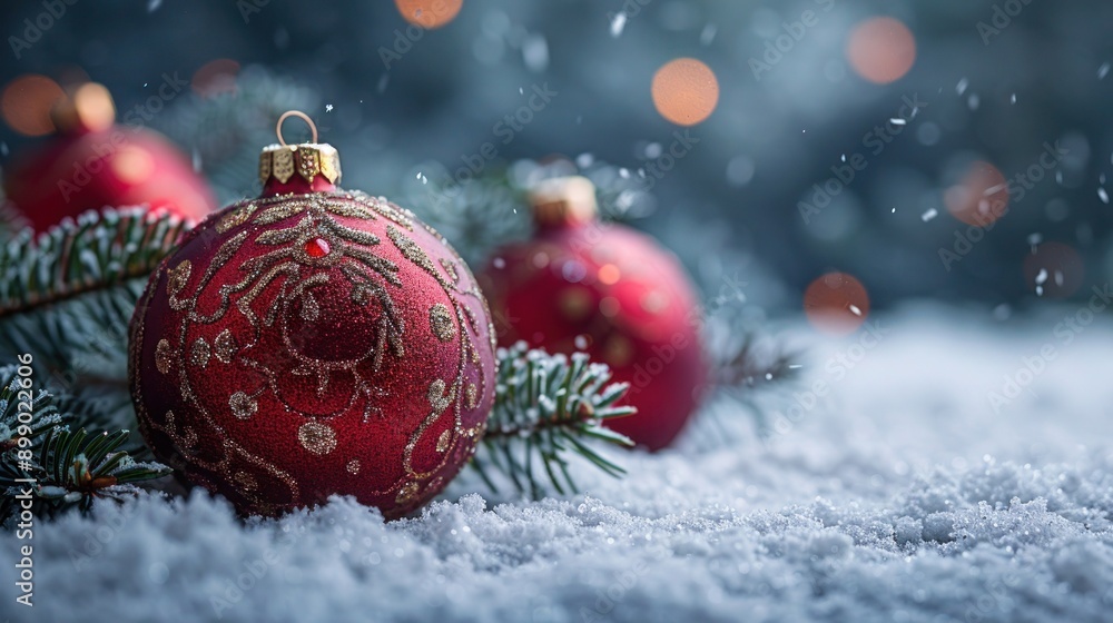 Obraz premium Merry Christmas Baubles on Snow with Fir Branches - Festive Holiday Decorations for a Joyful Winter Scene
